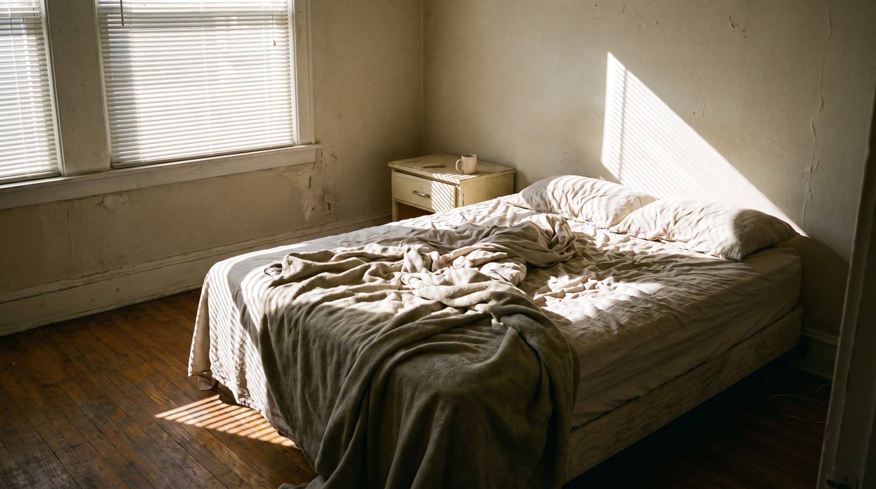 Cama desfeita e vazia, com a luz dura da manhã a entrar pelas persianas e uma caneca esquecida na mesa de cabeceira